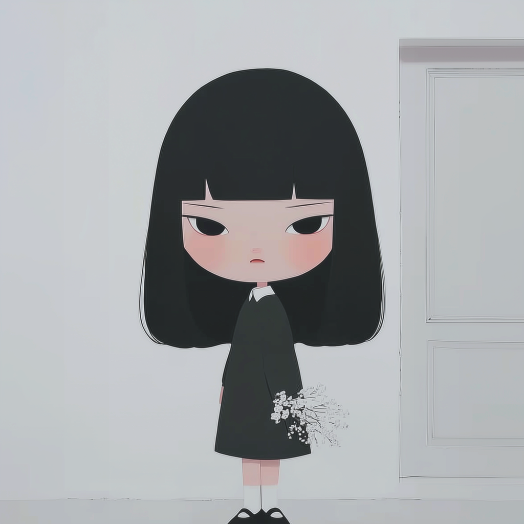 Cartoon of unamused girl with long black hair and a collared black dress